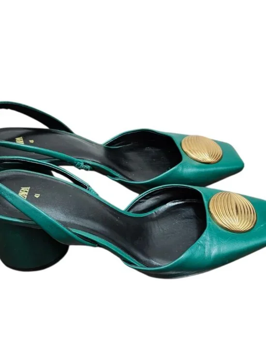 ZARA Green Leather Slingback Heels Gold Medallion Block Heel Women’s EU 41 US 10 - Picture 5 of 15